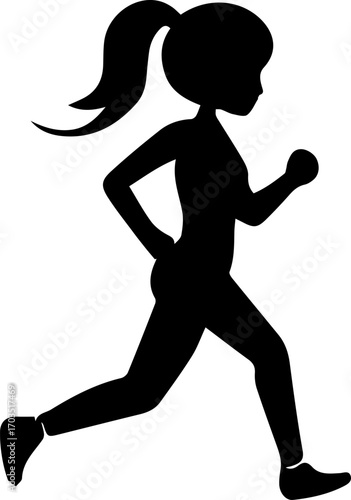 Girl running with her ponytail in the air. She is wearing a black outfit. Concept of a girl enjoying a run and staying active