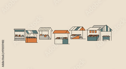 Stylized illustration of various outdoor market stands for local commerce