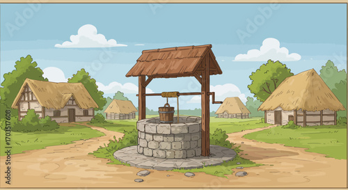 Rustic Village Well in a Peaceful Rural Landscape