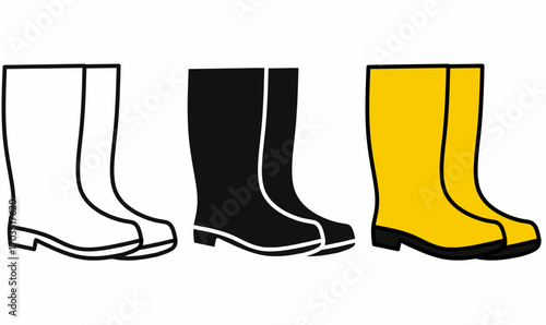 Rubber boots or wellington boots or safety boots icon set vector, outline, silhouette, and colored style. Protective footwear for rain, farming, gardening, construction, safety, outdoor work design
