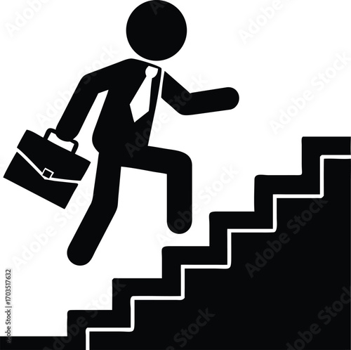Businessman carrying briefcase icon ascends staircase, showcasing professional progress and career advancement in stark contrast