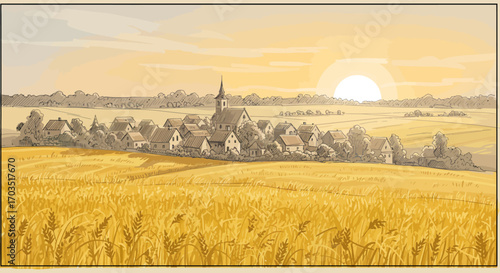 Rural Village Scene with Golden Wheat Field at Sunset