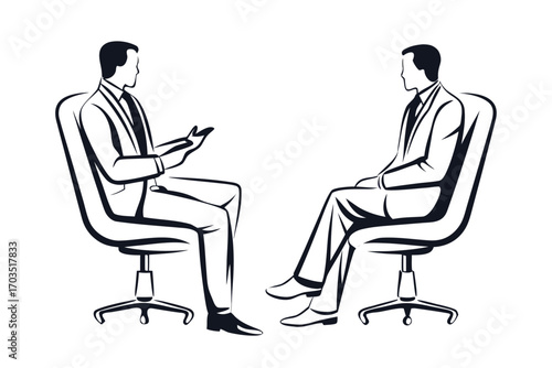 Two silhouetted Caucasian men are sitting in chairs, engaged in conversation