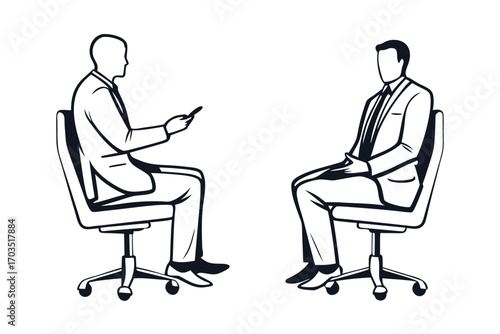 Two faceless businessmen wearing suits are sitting and facing each other on office chairs