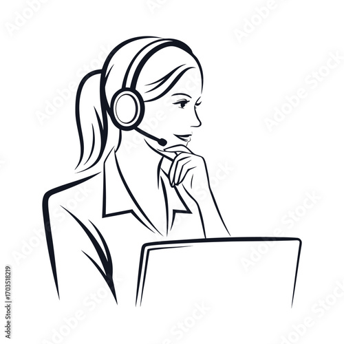 Young Asian woman with headset thoughtfully looks at laptop in outline sketch