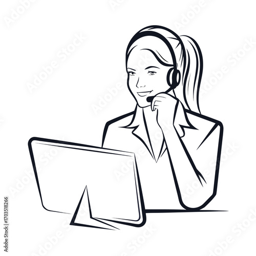 Smiling woman with headset at computer offers support outlined in dark ink