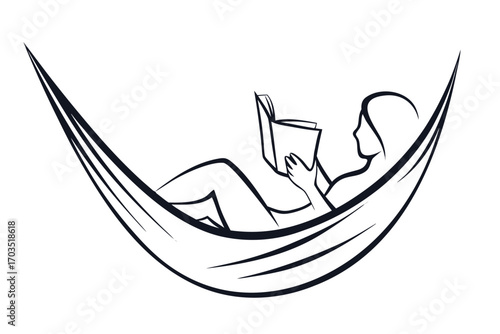 Contoured female figure relaxes in the hammock while calmly reading a book outdoors