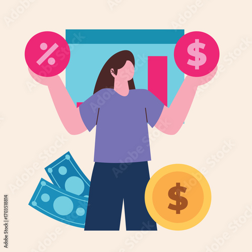 Businesswoman analyzing financial data, comparing profit margins and interest rates with charts and money icons