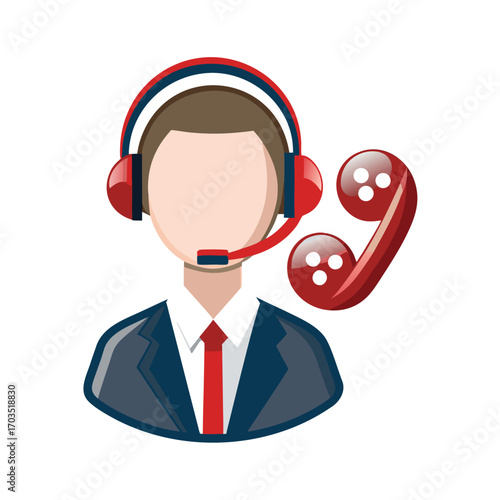 Faceless man with headset wearing blue suit next to red phone receiver icon