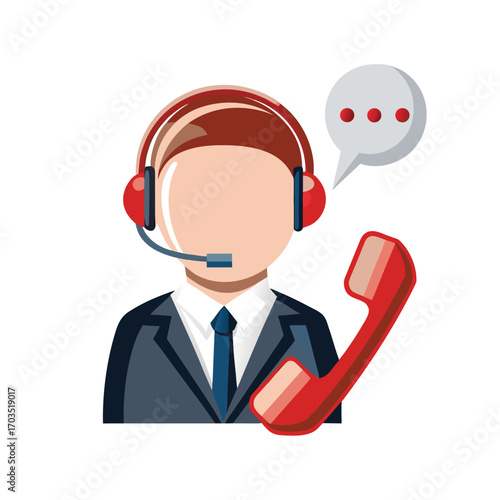 Faceless man wearing headset holds red phone with speech bubble overhead conveying communication