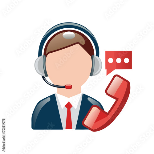 Faceless operator wearing headset standing near classic red telephone with speech bubble for communication service