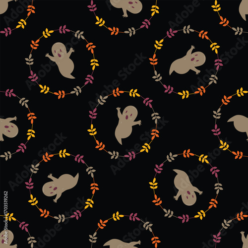 Seamless pattern with cute ghosts and fall leaves. 