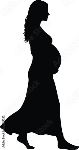 Silhouette of a pregnant woman walking gracefully in a long dress, peaceful maternity concept, expecting mother vector illustration