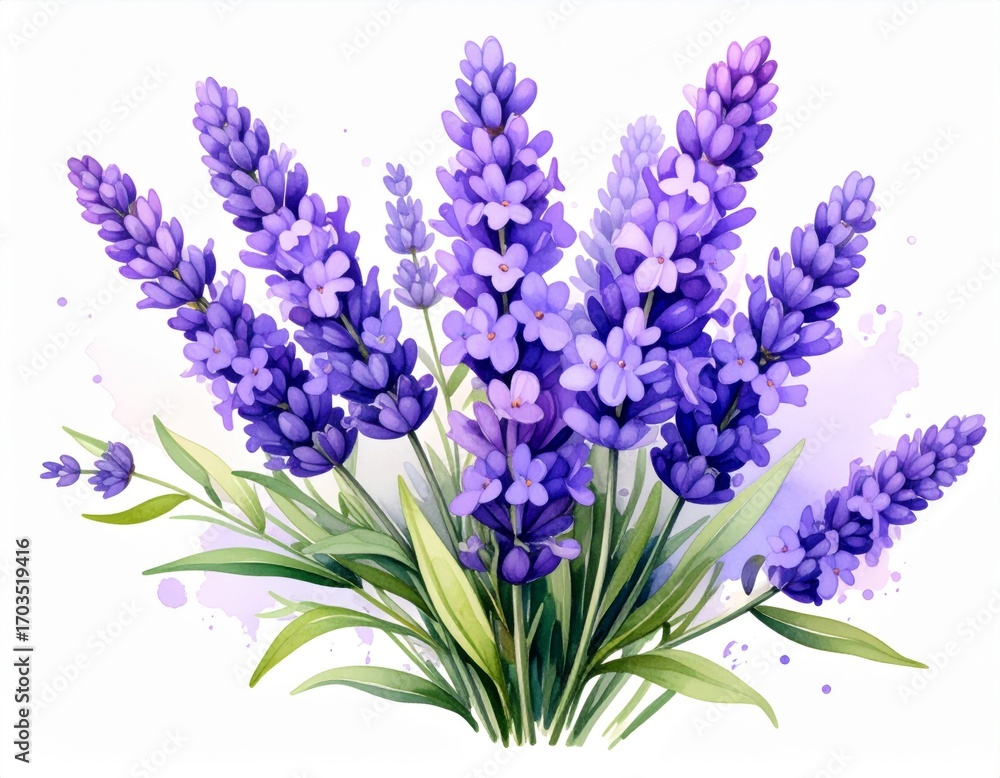 Naklejka premium Watercolor Painting of Lavender Flowers in Purple and Green Tones Isolated on White