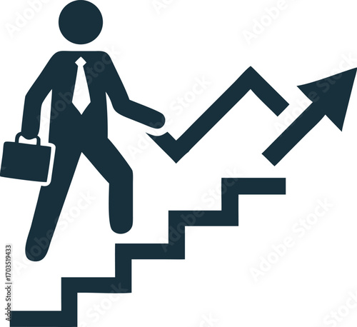 Businessman icon is walking up steps towards an upward trending arrow success route