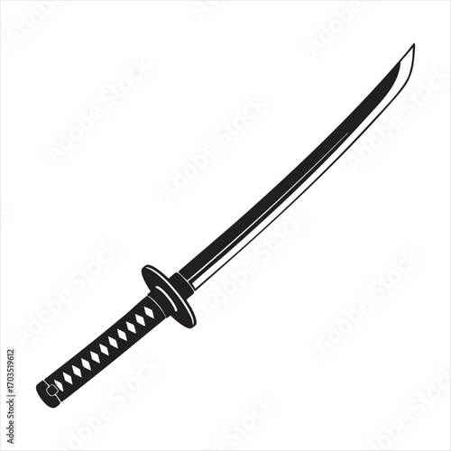 Classic japanese katana sword sharp blade detailed handle black and white artistic depiction
