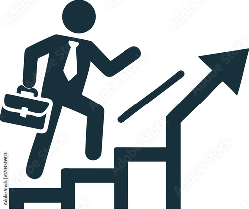 Businessman strides upwards carrying a briefcase towards an increasing arrow showing ambition and growth