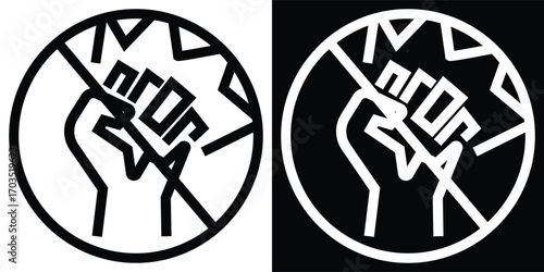 A powerful black and white graphic icon of a raised fist shattering chains, symbolizing protest, revolution, and the fight for freedom