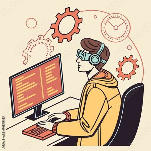 Young man wears VR headset, codes at desk with gears and clock icons
