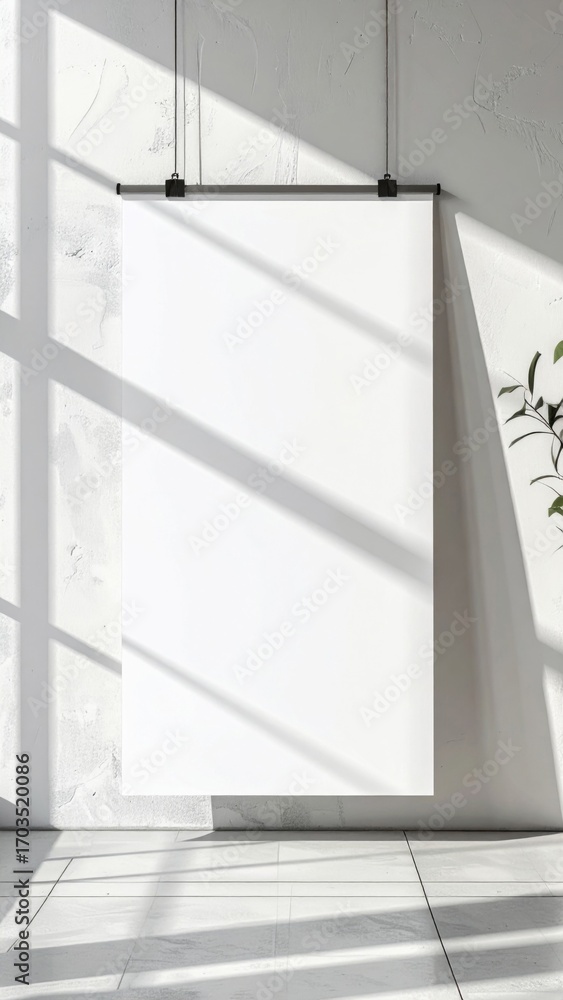 Obraz premium Blank White Poster Mockup Hanging Against Concrete Wall with Shadow and Plant