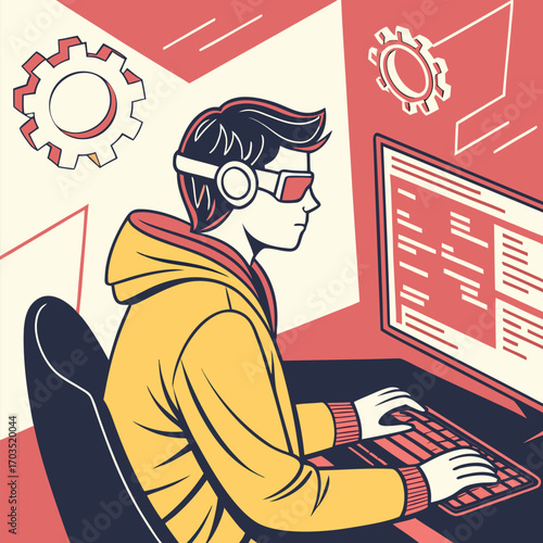 Young guy in headphones and futuristic glasses typing at the computer screen in his workstation