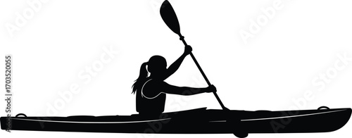 Silhouette of woman kayaking in single kayak with paddle, outdoor water sports activity, fitness exercise, adventure, nature, recreation, summer, lake, river, healthy lifestyle, black and white