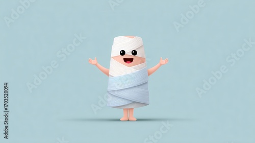Cute cartoon character wrapped in bandages smiling and welcoming