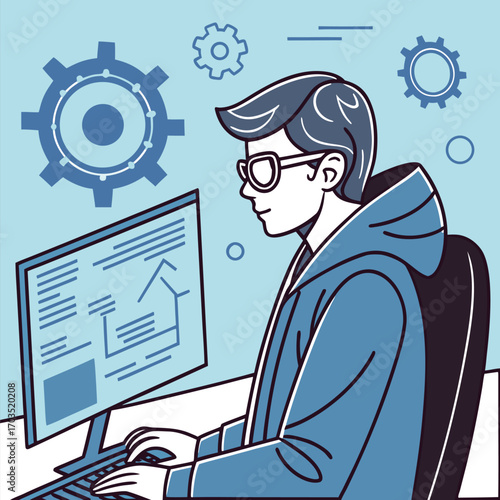Focused man wearing glasses works at the computer with gears on a light blue background