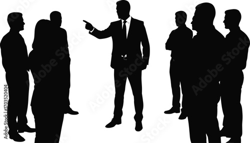 Silhouette of Business Leader Giving Instructions to Team Members During Office Meeting, Representing Leadership, Management, and Workplace Communication