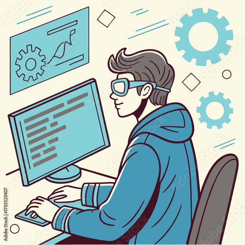Young Caucasian man works looking at computer screen surrounded by gears and shapes