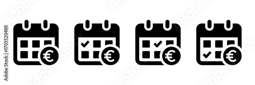 Payment schedule icon with calendar and euro sign. Useful for salary date, payday, billing reminder, due date, and financial planning across Europe. Solid style vector illustration.