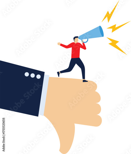 Bad businessman with megaphone discredit and blaming other people on thumb down symbol. Bullying, fake news or negative feedback.

