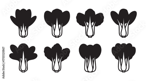 Collection of bok choy vegetable silhouettes on a white background