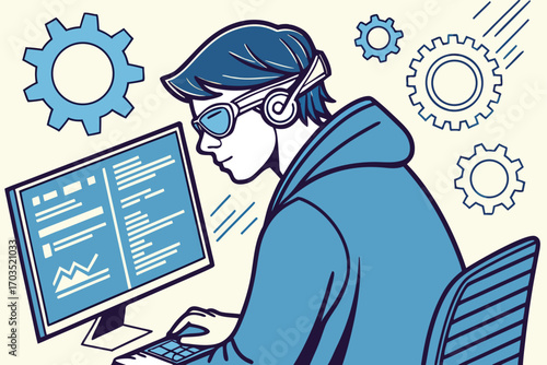 Side view of a male programmer in glasses working on computer with gears