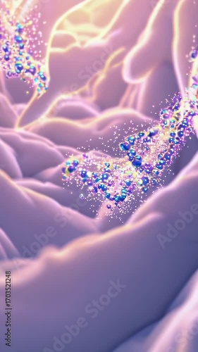 Abstract illustration of a dreamy, soft, and ethereal landscape with glowing particles.