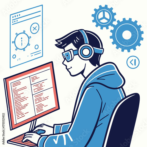 Young coder wearing headphones types red code while gears float behind him