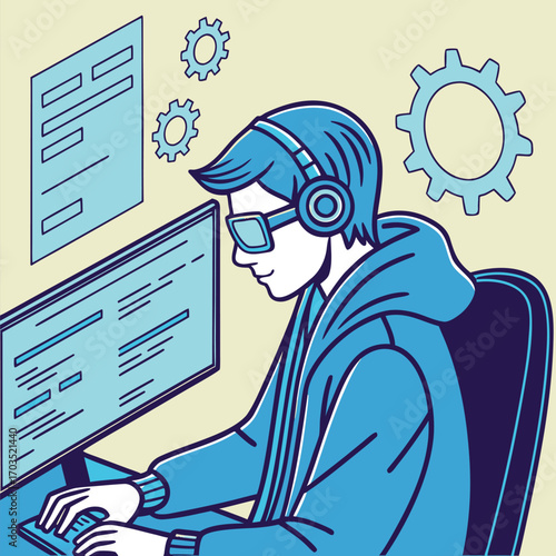 Young person with headphones types at a computer with floating gear icons