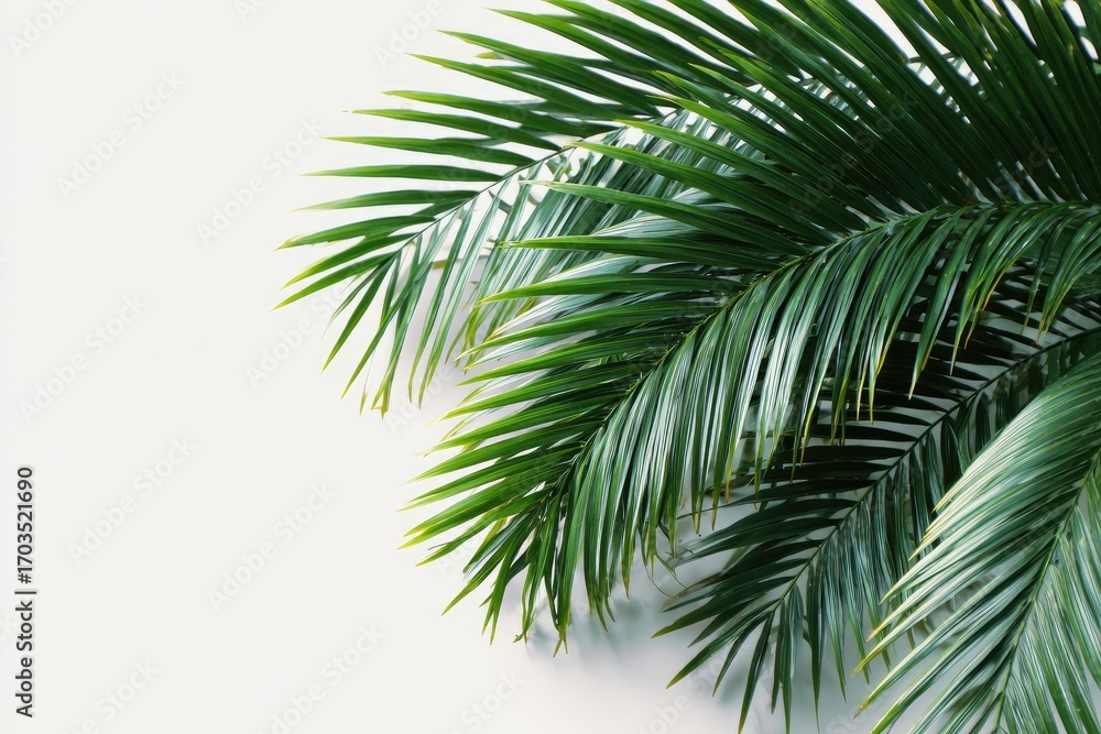 Fototapeta premium Lush green palm fronds sprawl across a minimalist white background, creating a vibrant, tropical feel