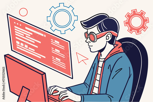 Focused man types near monitor with data and colorful gears rotating around him
