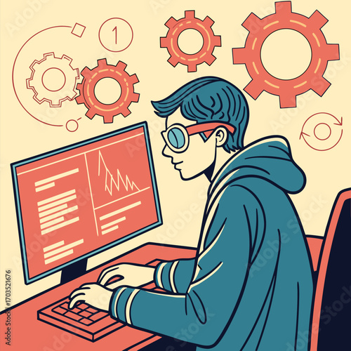 Focused person with glasses types before code and gears on the computer screen