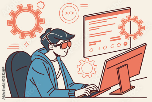 Young coder wearing glasses and blue hoodie working on website development diligently