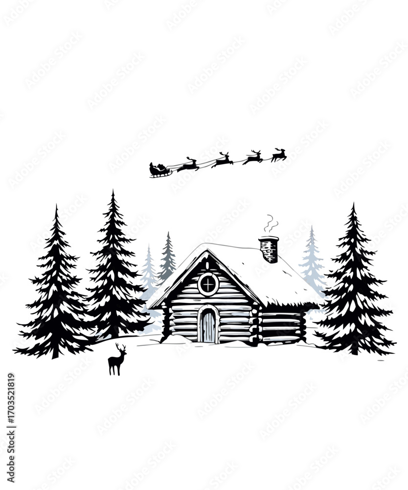 Obraz premium A charming black and white illustration depicts a rustic log cabin nestled amongst snowcovered pine trees, with a silhouette of santas sleigh and reindeer flying in the starry night sky above, evoking