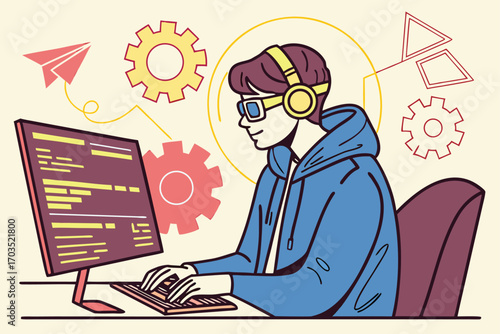Young man with glasses and headphones types before a screen with stylized elements