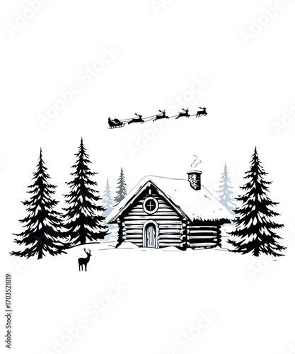A charming black and white illustration depicts a rustic log cabin nestled amongst snowcovered pine trees, with a silhouette of santas sleigh and reindeer flying in the starry night sky above, evoking