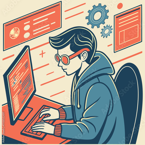 Profile of Asian coder wearing glasses typing on keyboard with interface screens