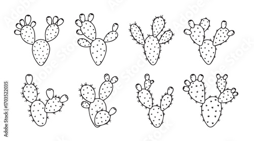 Collection of eight distinct prickly pear cactus silhouettes in a line