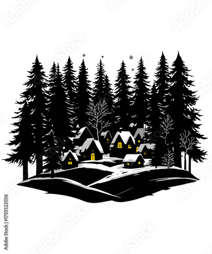 A whimsical black and white silhouette illustration showcases a cozy village of small houses nestled deep within a dense forest of pine trees, with warm lights glowing from the windows, suggesting a p