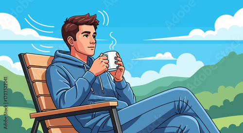 An illustration of a relaxed young man in a hoodie enjoying a hot drink in a chair, peacefully appreciating the serene morning and beautiful natural landscape