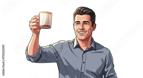 Successful professional man raising his coffee cup in a celebratory toast, isolated vector illustration on a white background