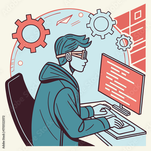 Young person with glasses codes near gears and lines on a monitor display